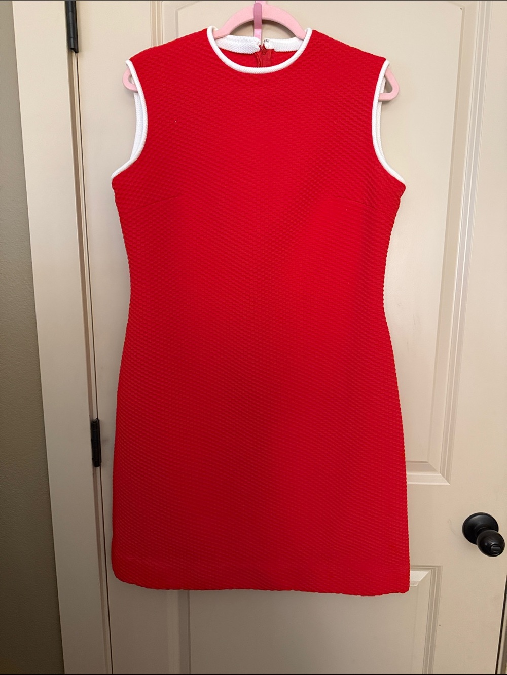 Sleeveless Red Shift Dress with White Trim - Picture 1 of 5